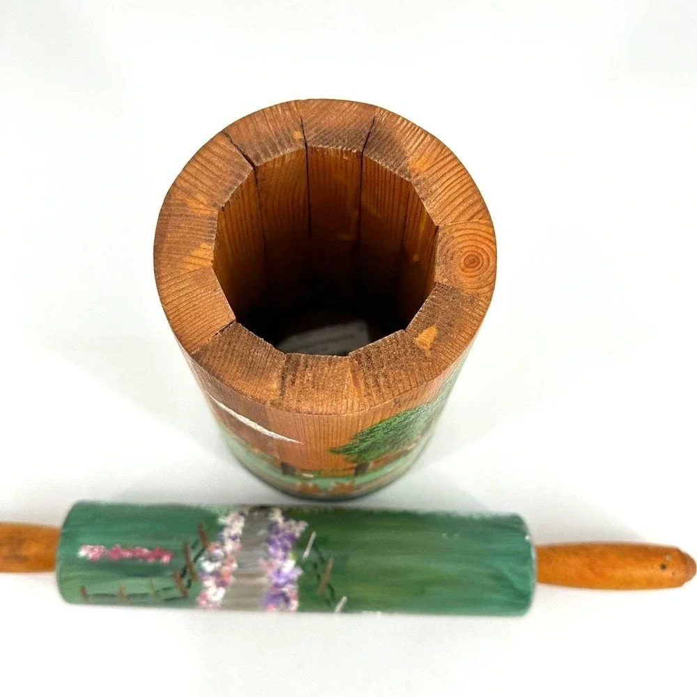 Handpainted Wooden Rolling Pin and Crock Set Country Farmhouse‎ Folk Art Bunnies